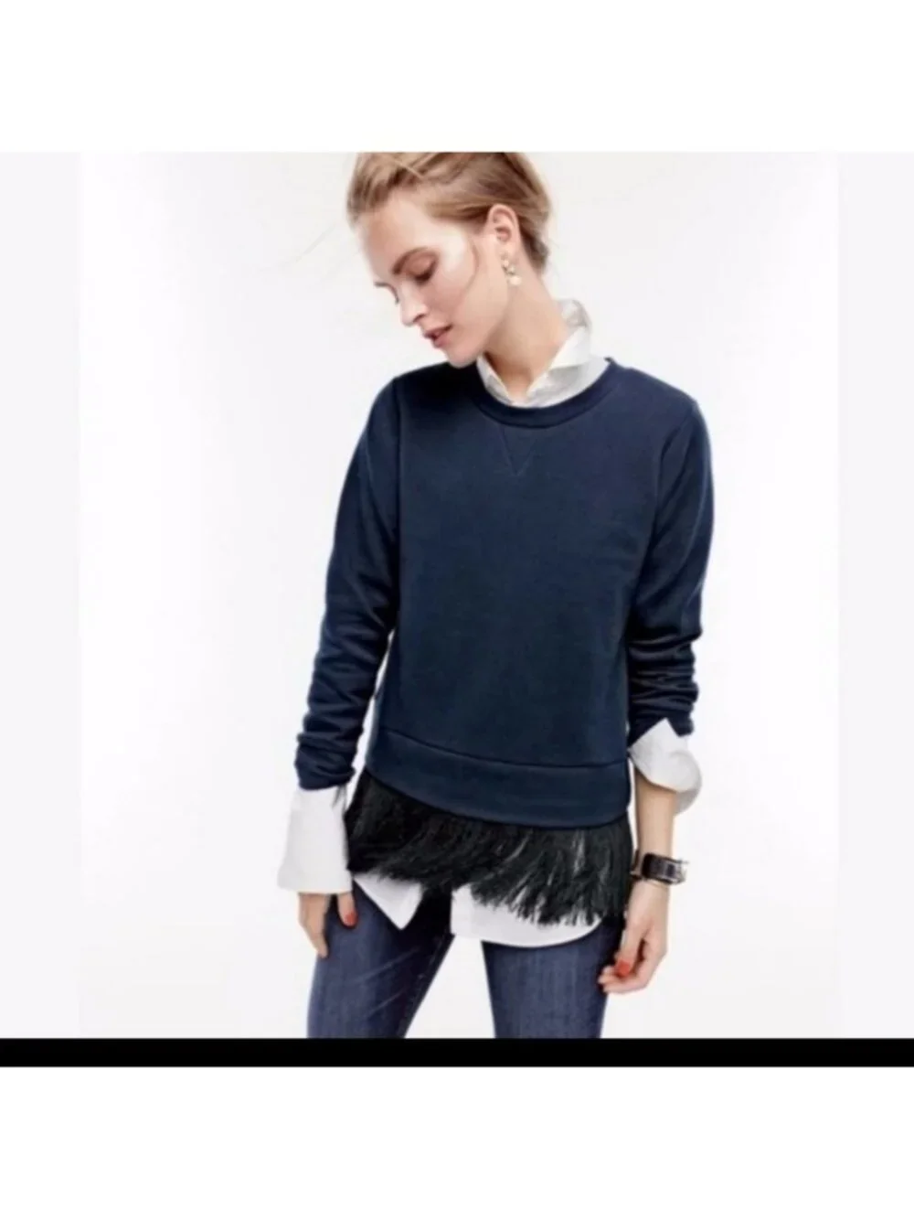 J Crew Navy Sweater with Fringe bottom